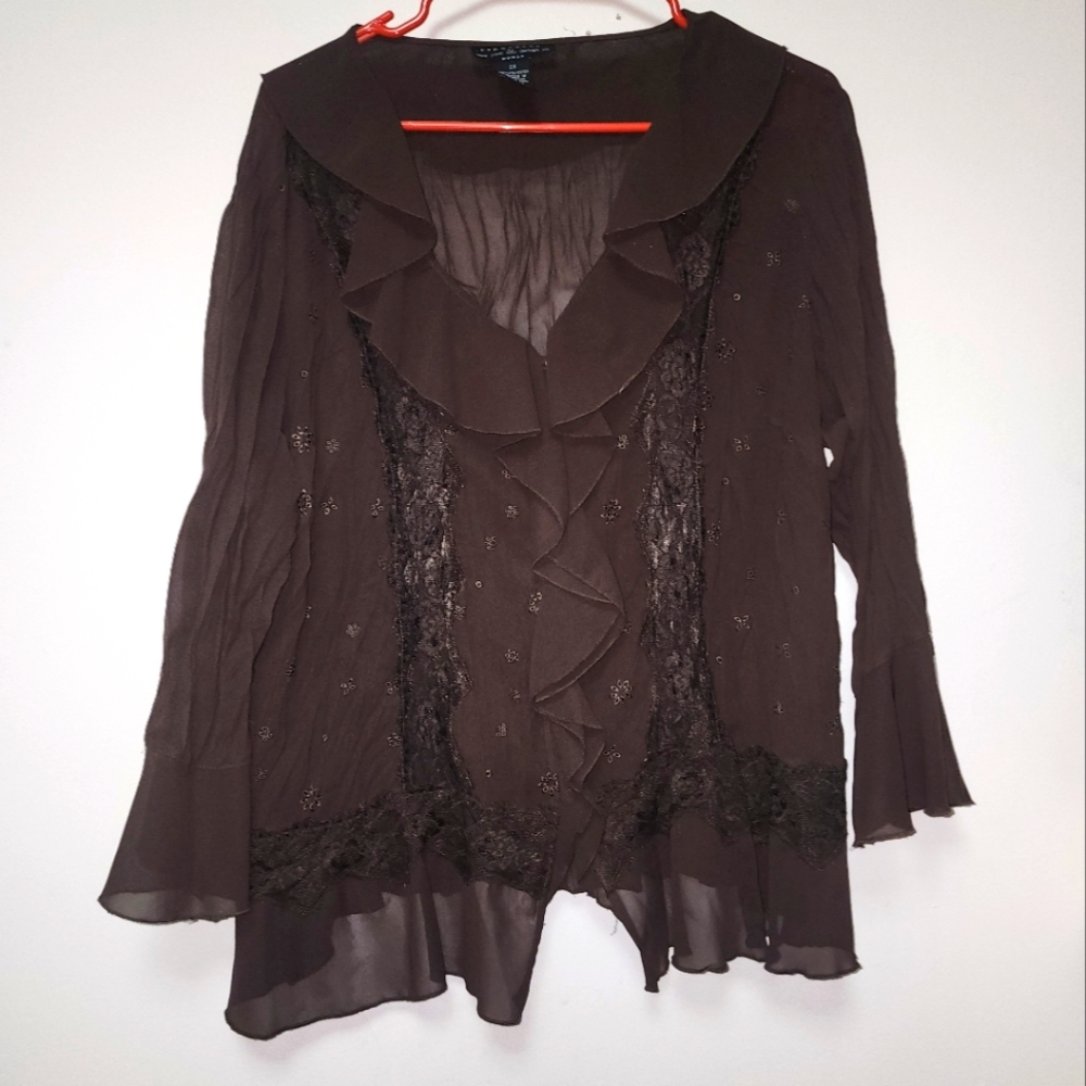 New York Designs Separates Brown Sheer Ruffle Front Blouse  2X